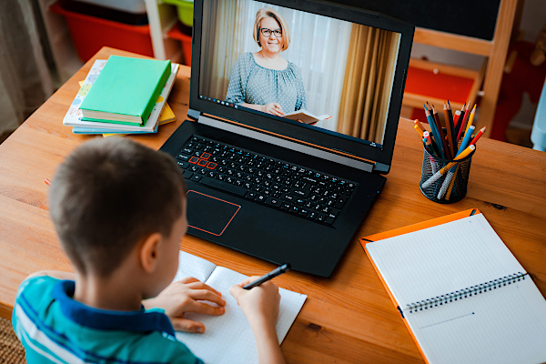 Distance learning online education. A schoolboy boy studies at home and does school homework. A home distance learning