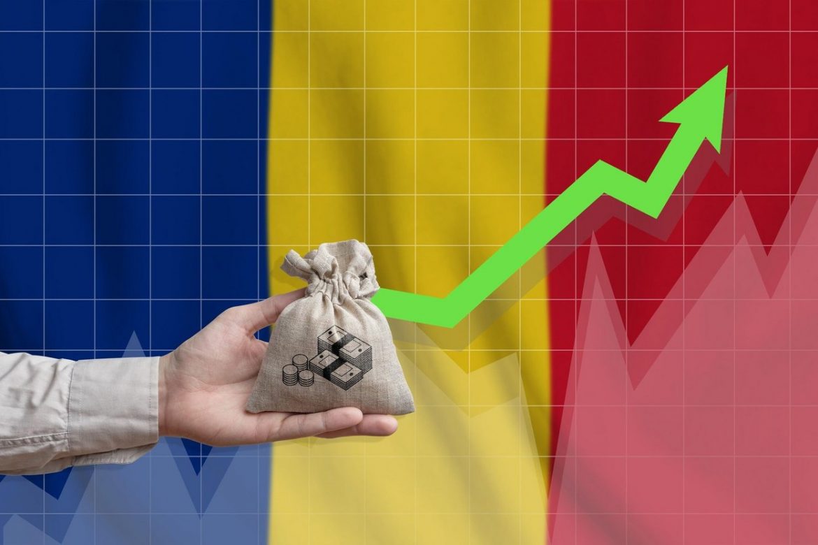 The concept of economic growth in Romania. Hand holds a bag with money and an upward arrow.